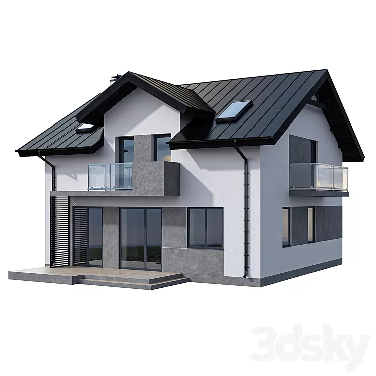 Modern two-storey cottage with two balconies and dormers 3D Model