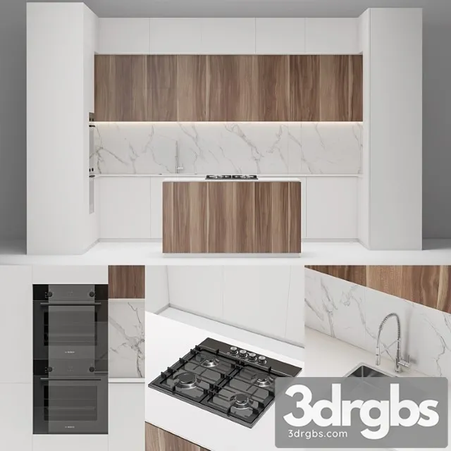 Modern white wood kitchen 3D Model Download