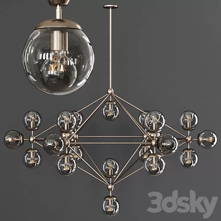 Modo 6 Sided Chandelier 21 Globes Bronze and Gray Glass 3D Model Modo 6 Sided Chandelier 21 Globes Bronze and Gray Glass 3D Model