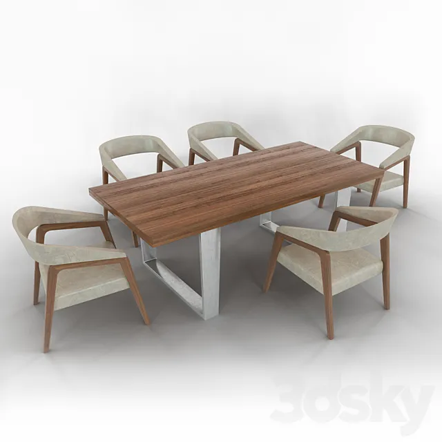 Modrest Byron Mid-Century Walnut Dining Set 3D Model