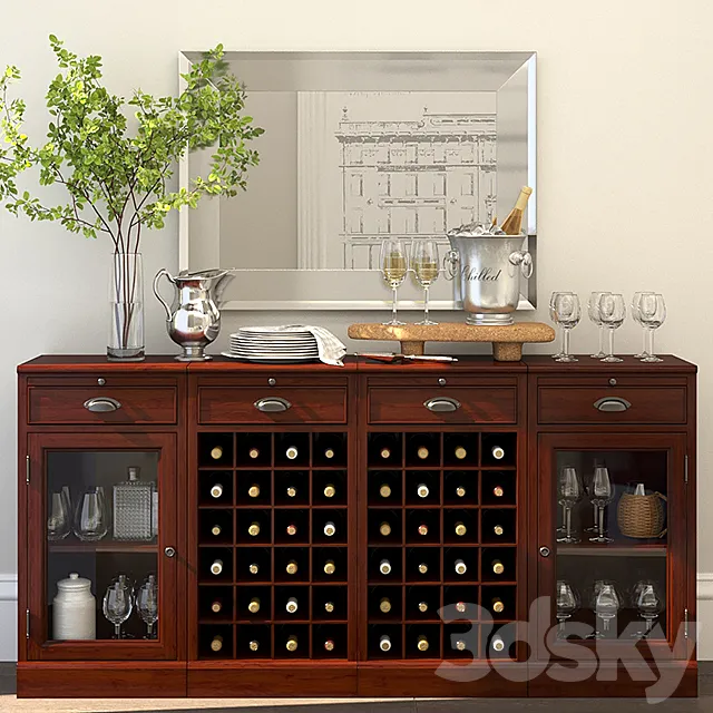 MODULAR BAR BUFFET WITH 2 WINE GRID BASES & 2 GLASS DOOR CABINETS + Decor set 3DModel MODULAR BAR BUFFET WITH 2 WINE GRID BASES & 2 GLASS DOOR CABINETS + Decor set 3DModel