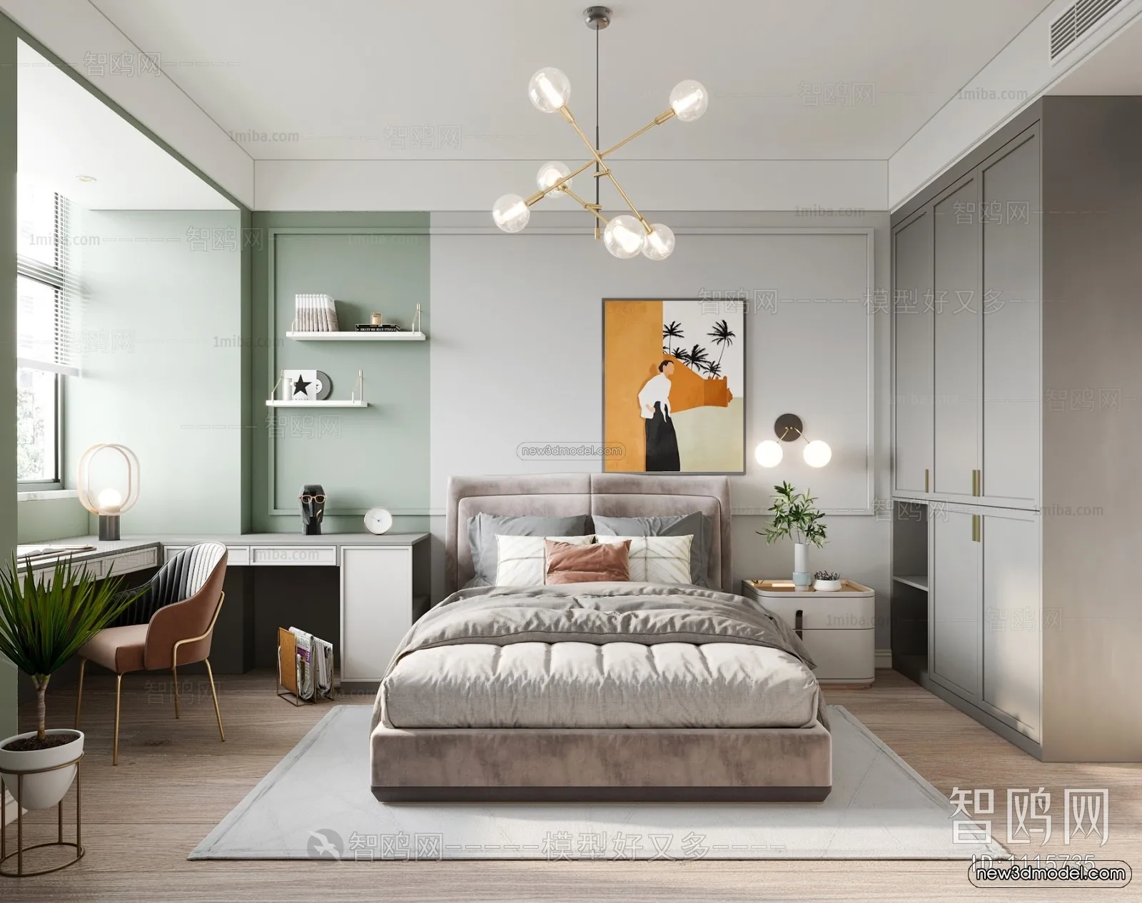 Morandi Style Interior 3D Blocks – Bedroom 3D Scene – 121 – VRAY