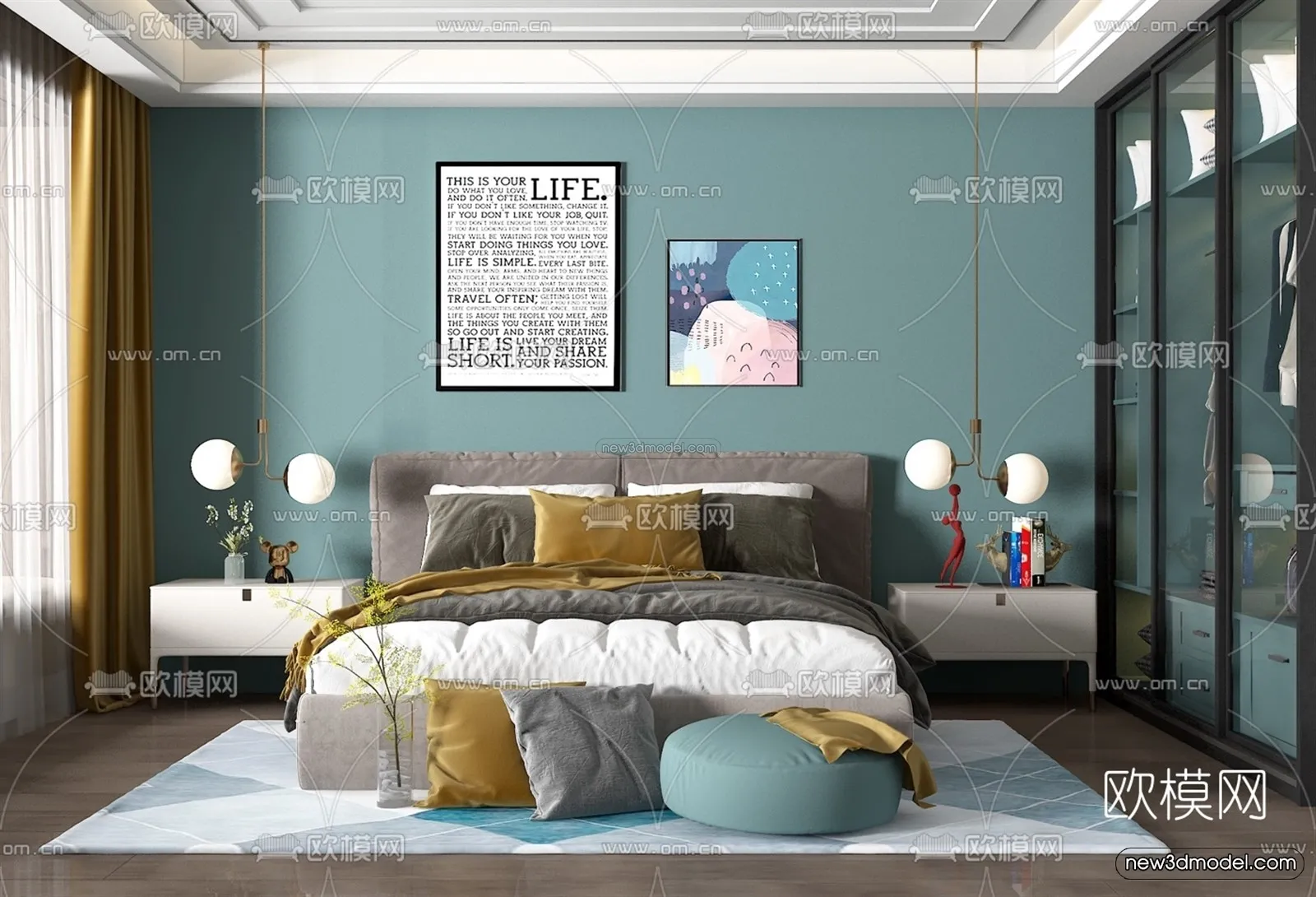 Morandi Style Interior 3D Blocks – Bedroom 3D Scene – 141 – VRAY