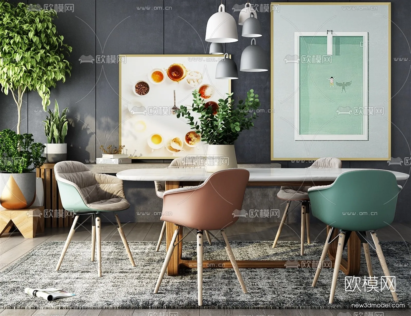 Morandi Style Interior 3D Blocks – Dining 3D Scene – 187 – VRAY