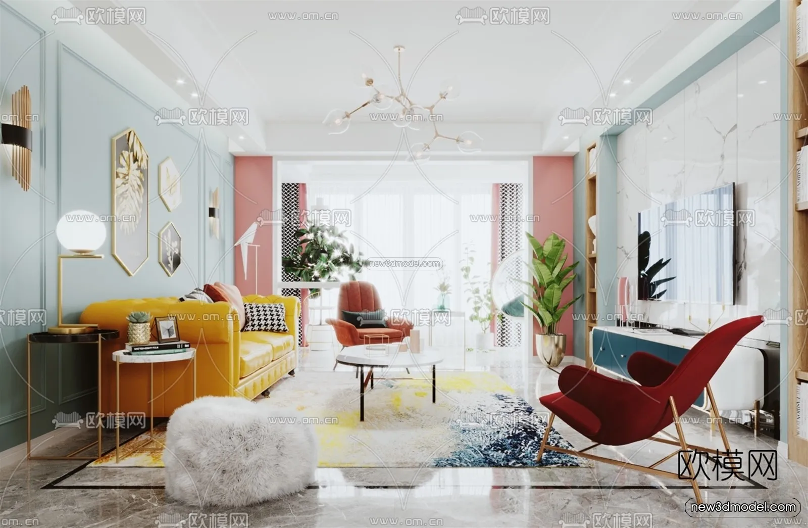 Morandi Style Interior 3D Blocks – Living Room 3D Scene – 045 – VRAY