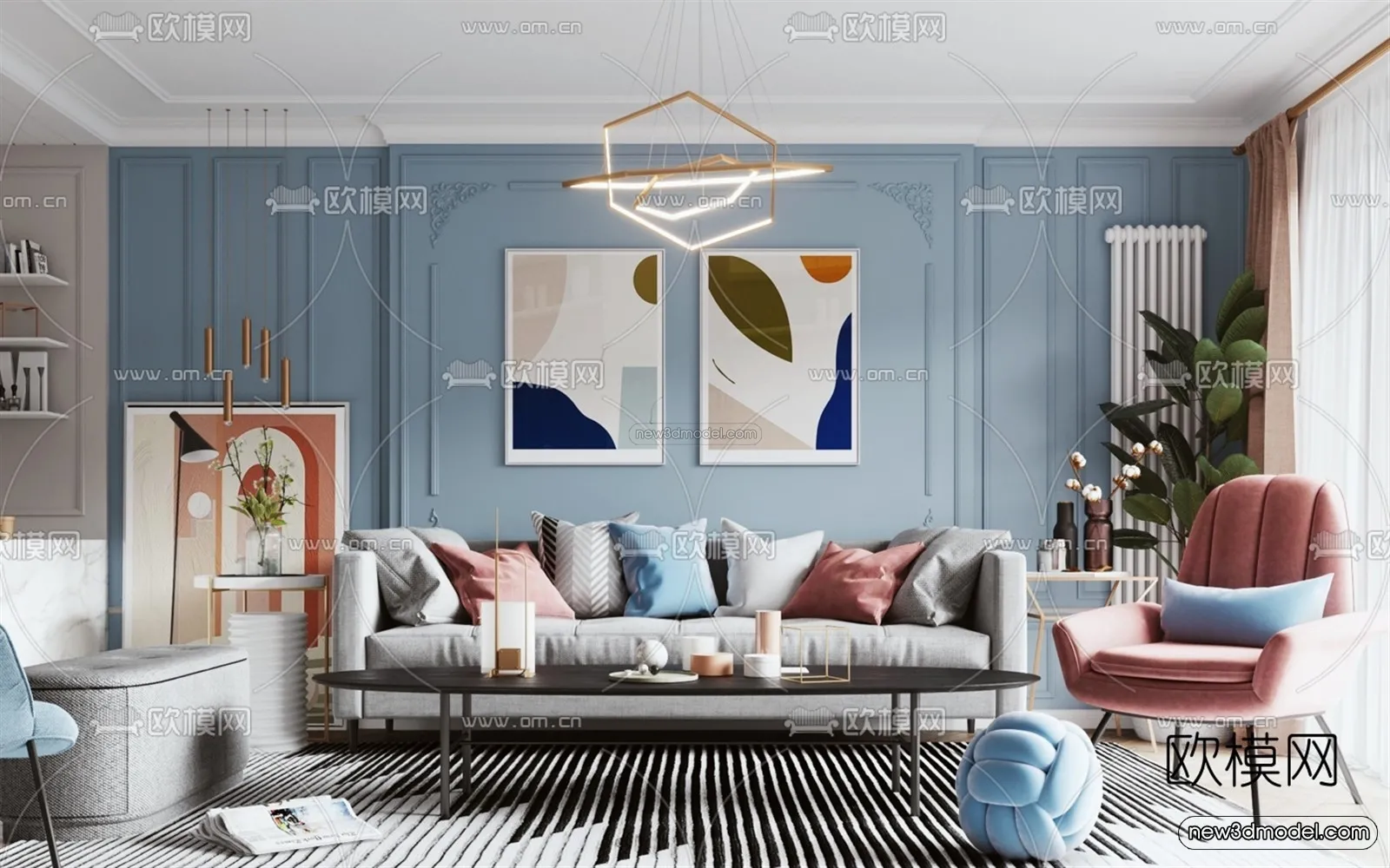 Morandi Style Interior 3D Blocks – Living Room 3D Scene – 046 – VRAY