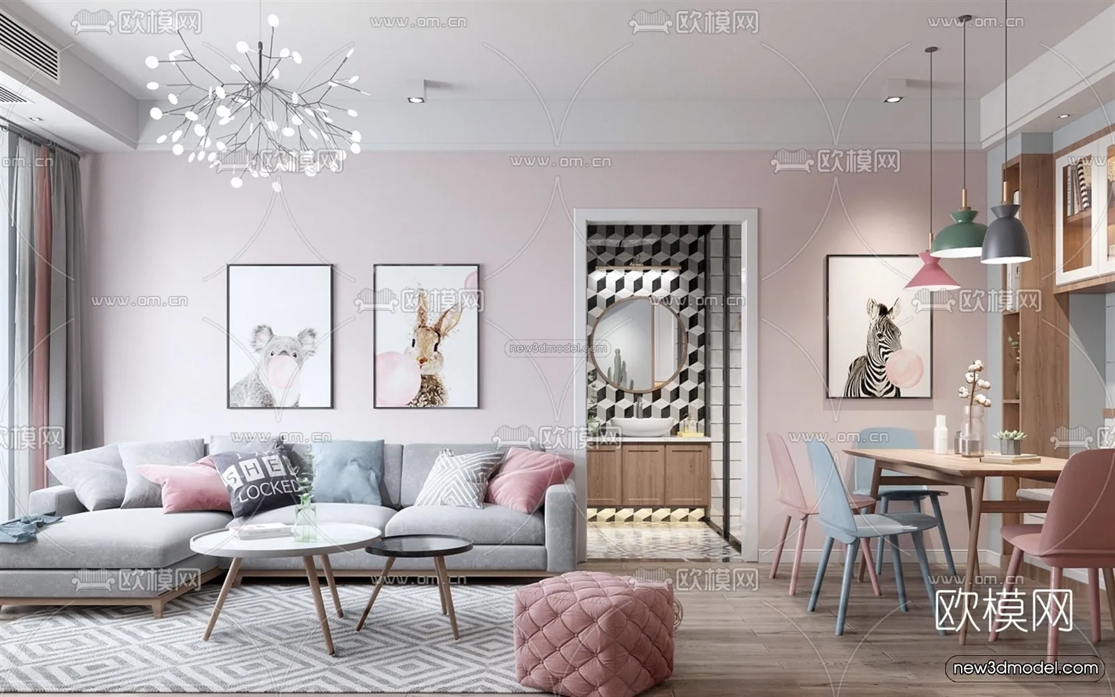 Morandi Style Interior 3D Blocks – Living Room 3D Scene – 057 – VRAY