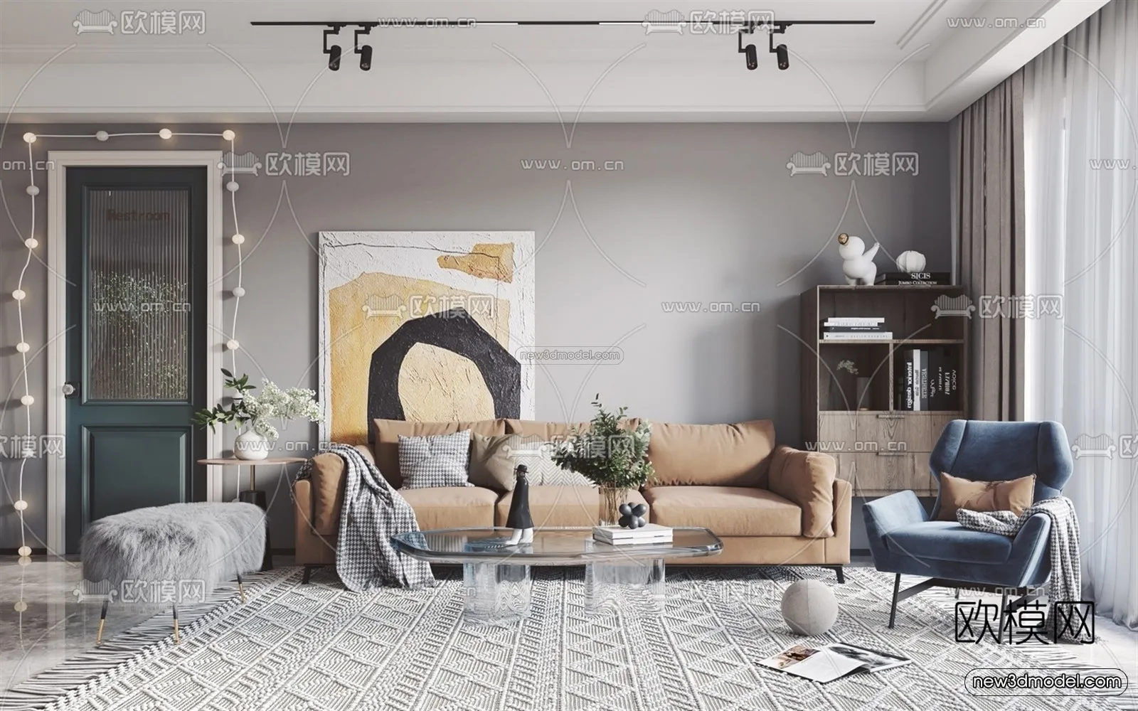 Morandi Style Interior 3D Blocks – Living Room 3D Scene – 074 – VRAY