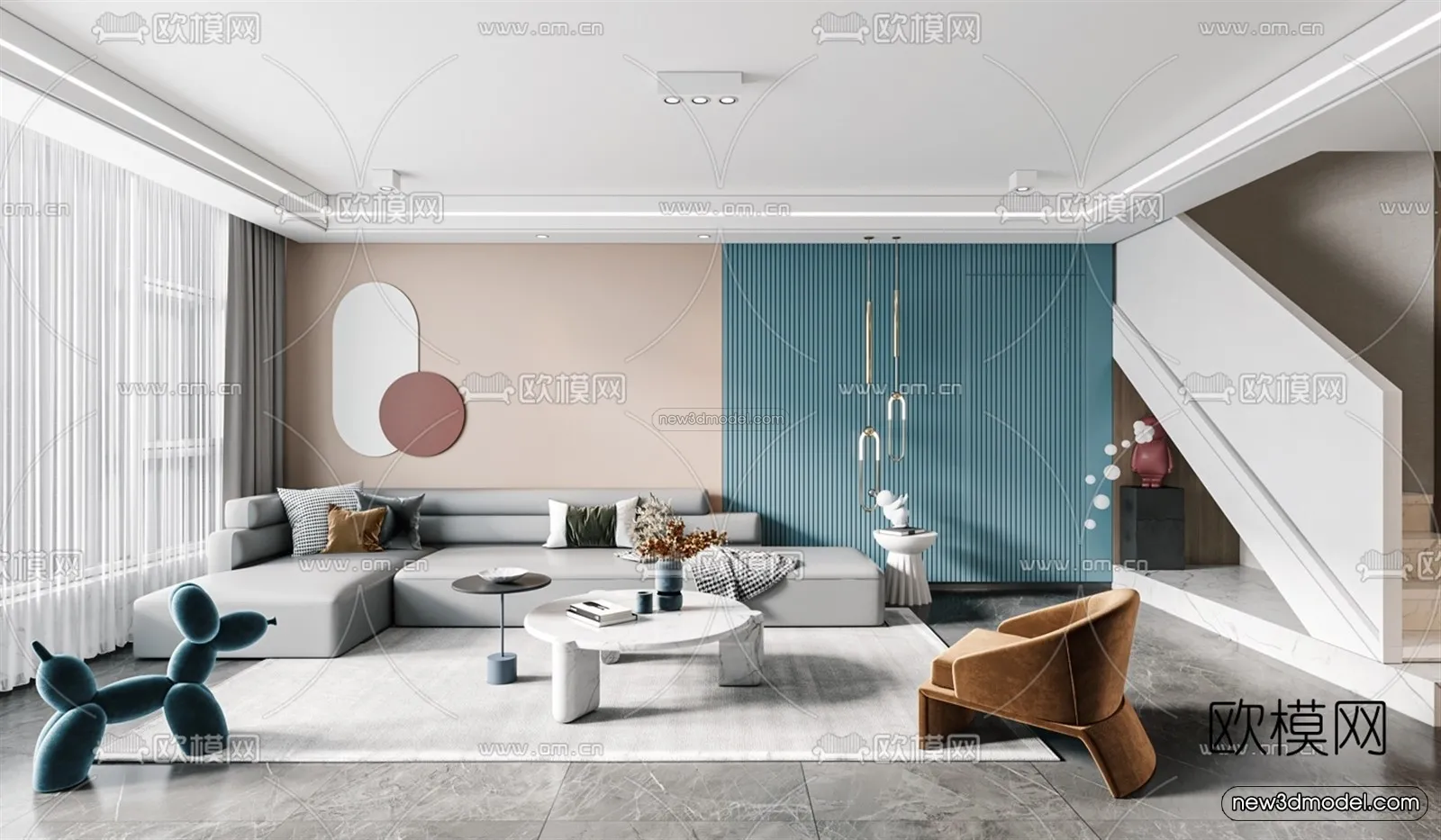 Morandi Style Interior 3D Blocks – Living Room 3D Scene – 083 – VRAY