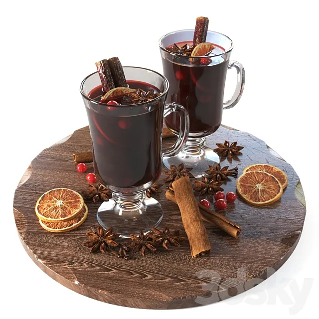 Mugs with Mulled Wine and Spices 3D Model