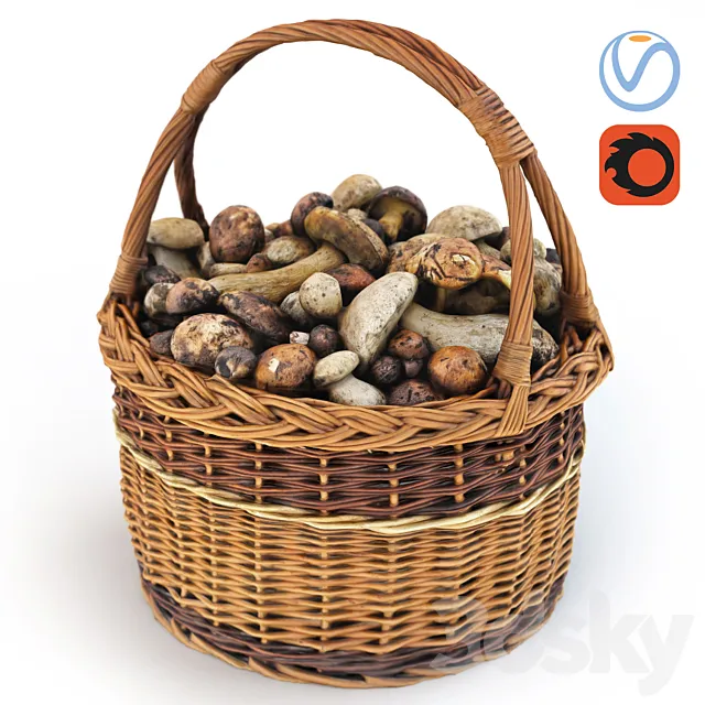 Mushrooms in a basket 3D Model