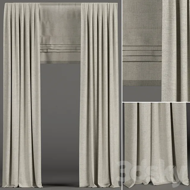 Narrow beige curtains with roman shades. 3D Model Narrow beige curtains with roman shades. 3D Model
