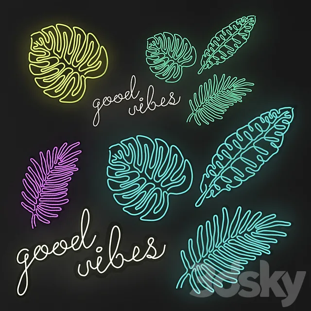 Neon sign – Monstera. Good wibes 3D Model