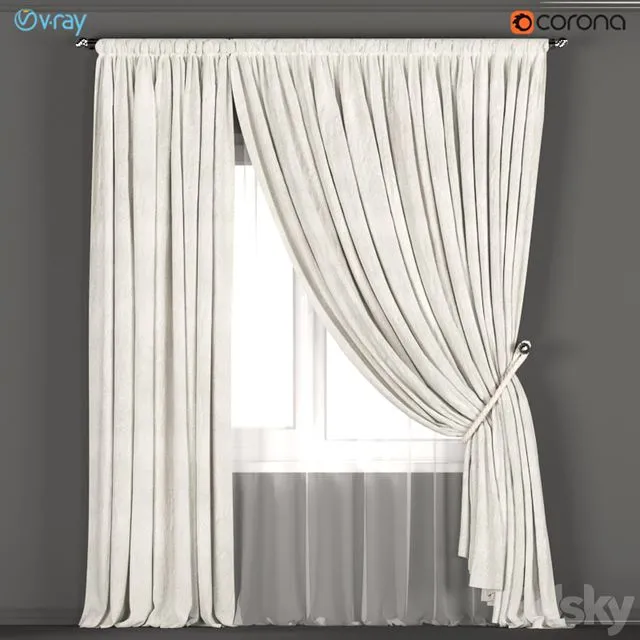 Neutral color curtains made of velvet with a garter on the rope + tulle 3D Model Neutral color curtains made of velvet with a garter on the rope + tulle 3D Model