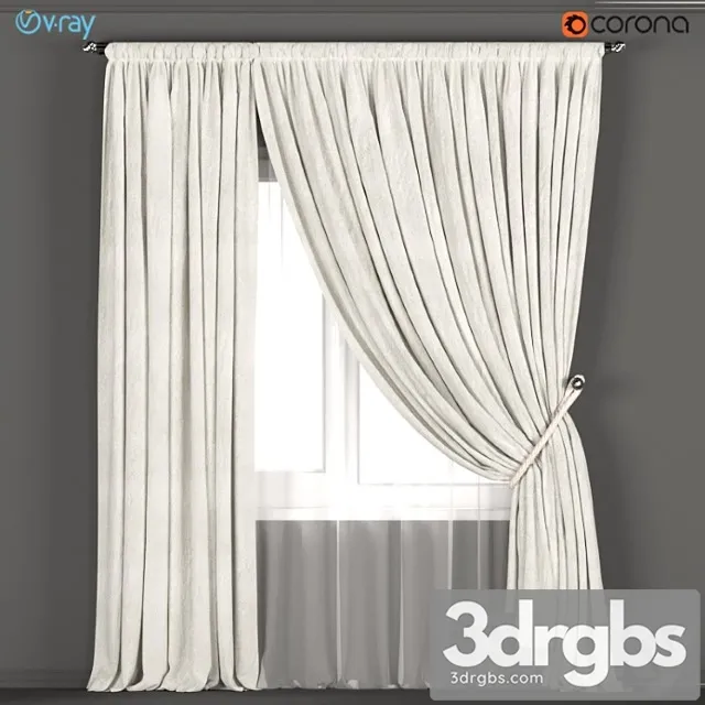 Neutral color curtains made of velvet with a garter on the rope + tulle. 3D Model Download