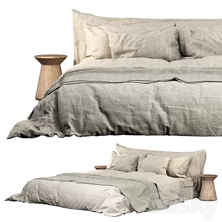 Neutral Colored Cozy Bed with Zara Home Linen Bedding 02 3D Model Free