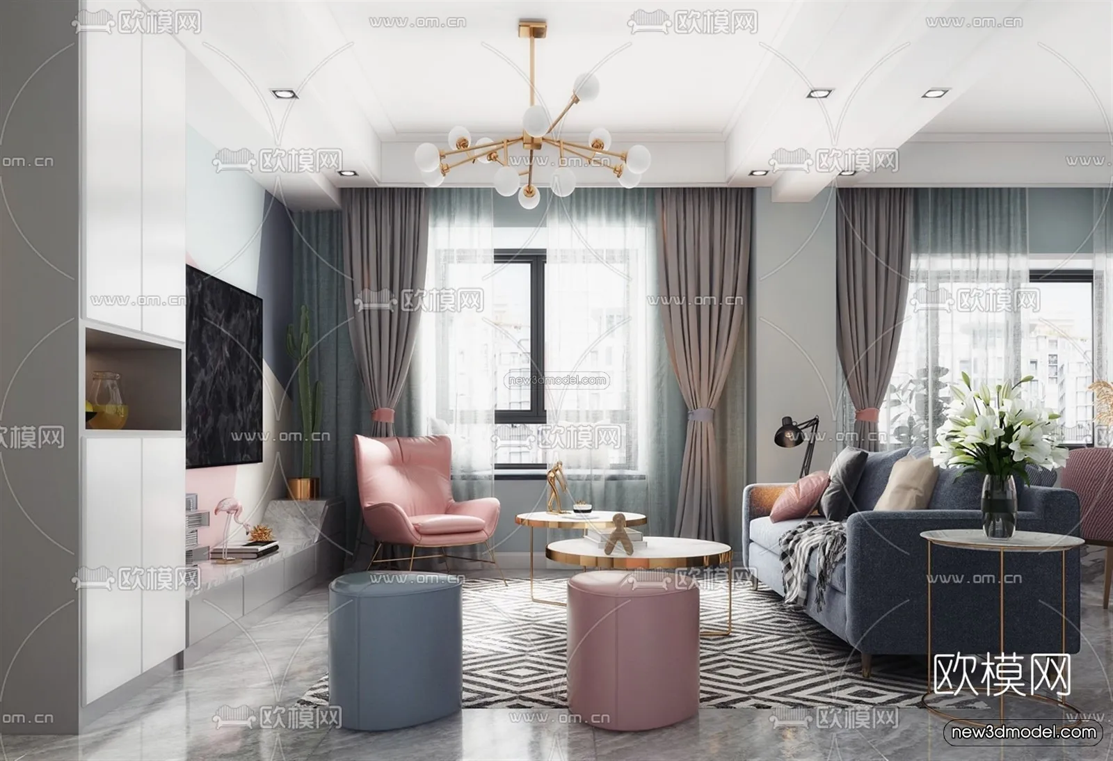 Nordic Style Interior 3D Blocks – Living Room 3D Model – 038 – VRAY