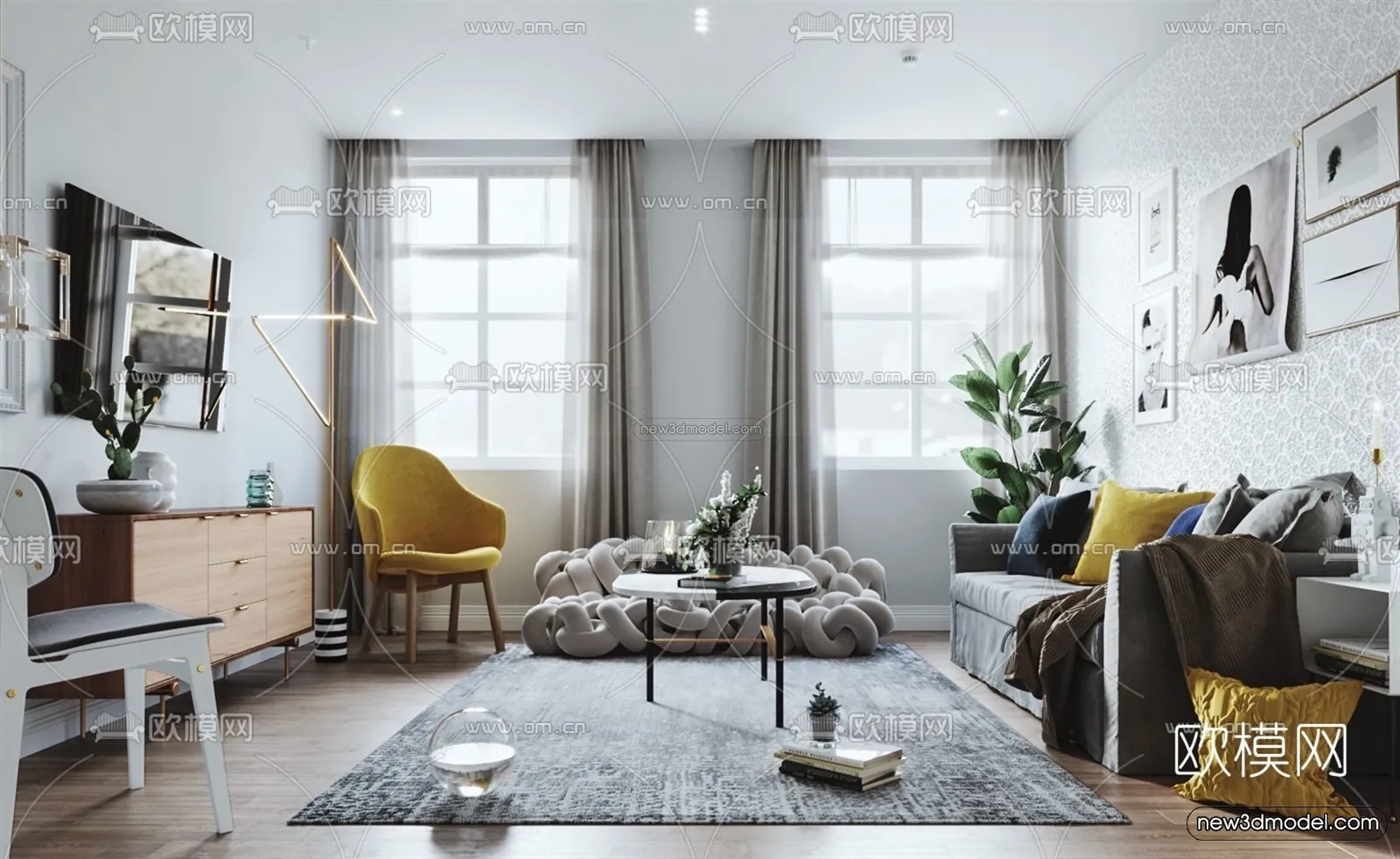 Nordic Style Interior 3D Blocks – Living Room 3D Model – 205 – VRAY