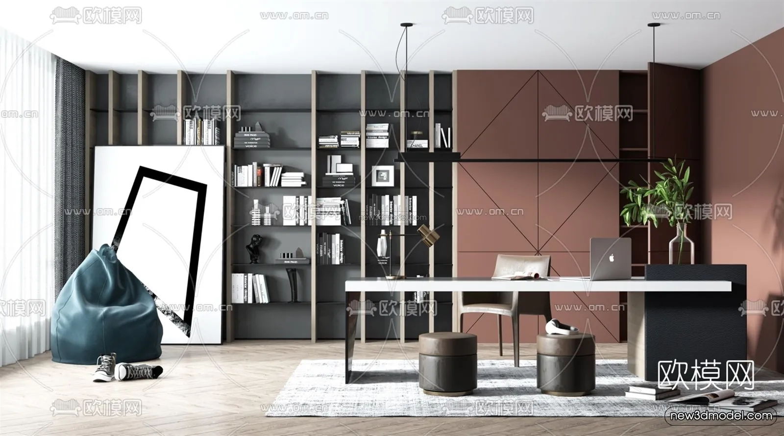 Nordic Style Interior 3D Blocks – Study Room 3D Model – 498 – VRAY