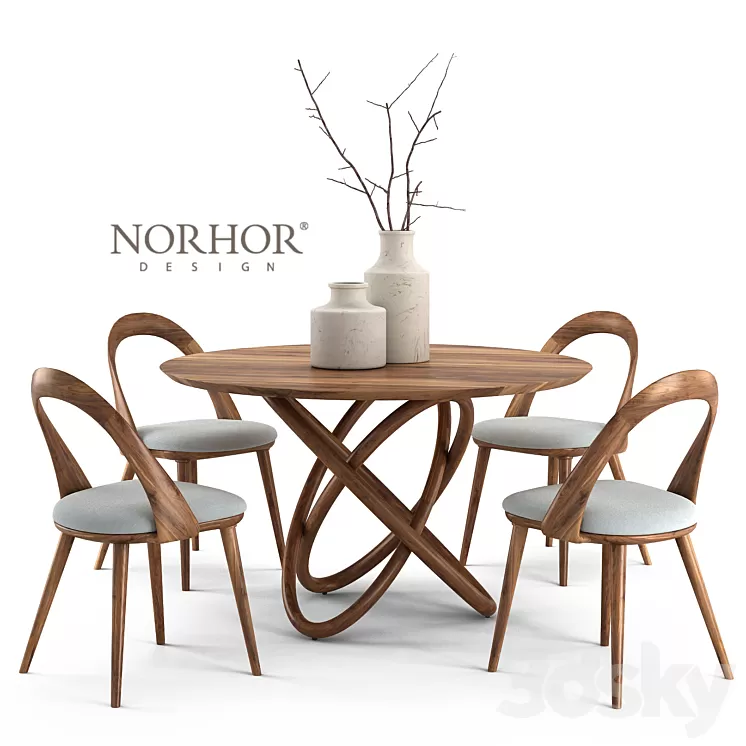 NORHOR Bergen round table and Walnut chair 3D Model