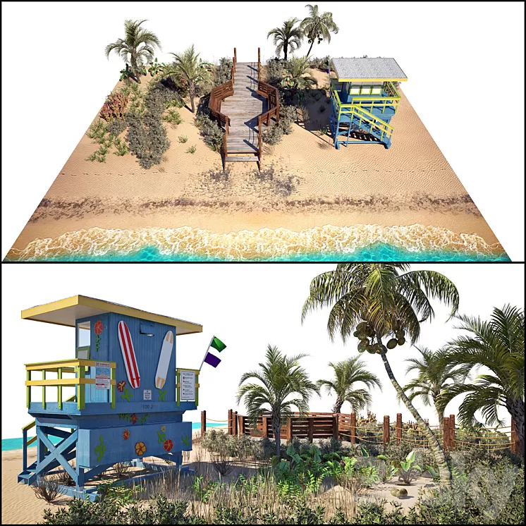 Ocean Beach set and Miami Lifeguard Hut 3D Model