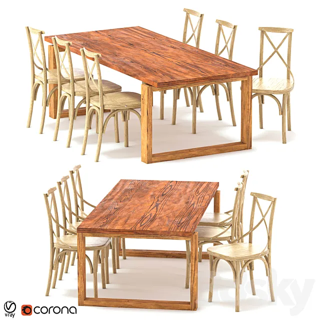 ODGER Table and 6 Teak Cross Back Dining Chair 3D Model