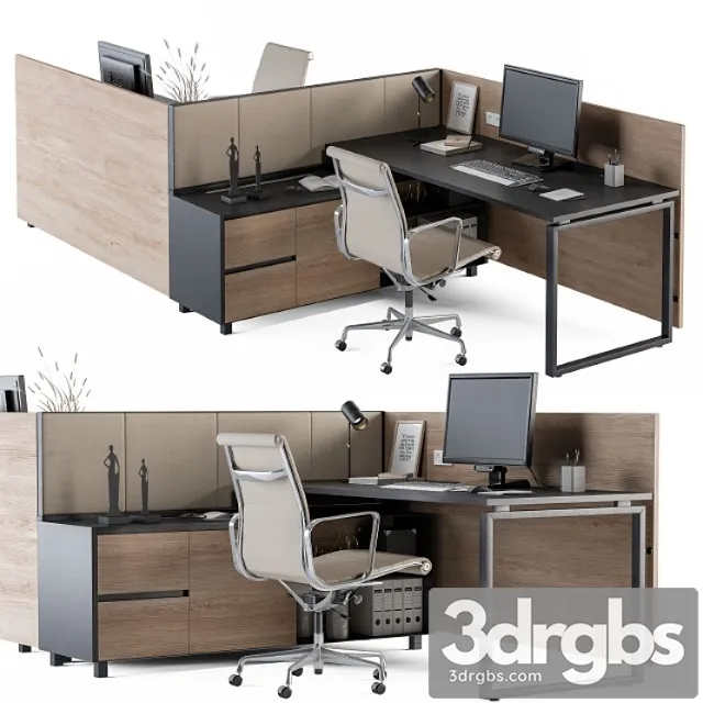 Office Desk Set Cream and Wood 3D Model Download