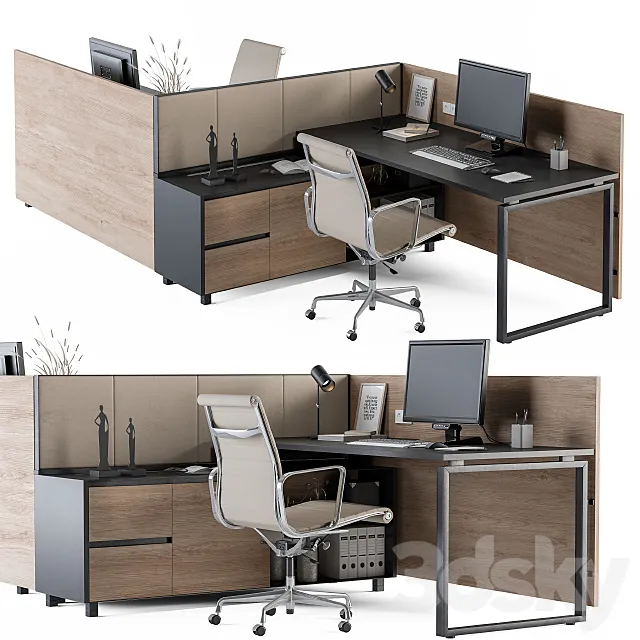 Office Desk Set Cream and Wood 3DModel Office Desk Set Cream and Wood 3DModel