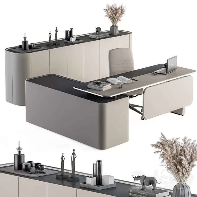 Office Furniture Cream Boss Desk – Manager Set Table 41 3D Model Free Download