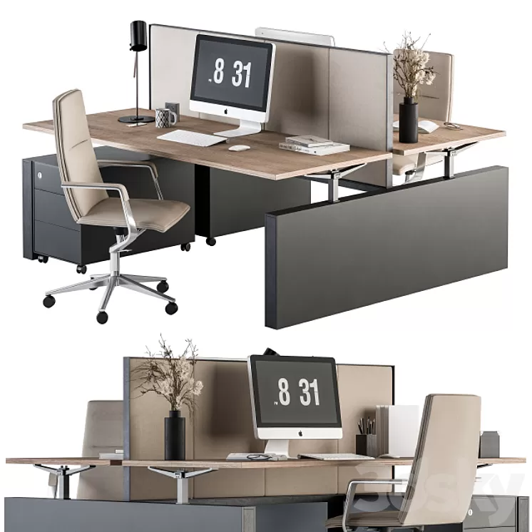 Office Furniture – employee Set Cream and Black 36 3D Model Free Download