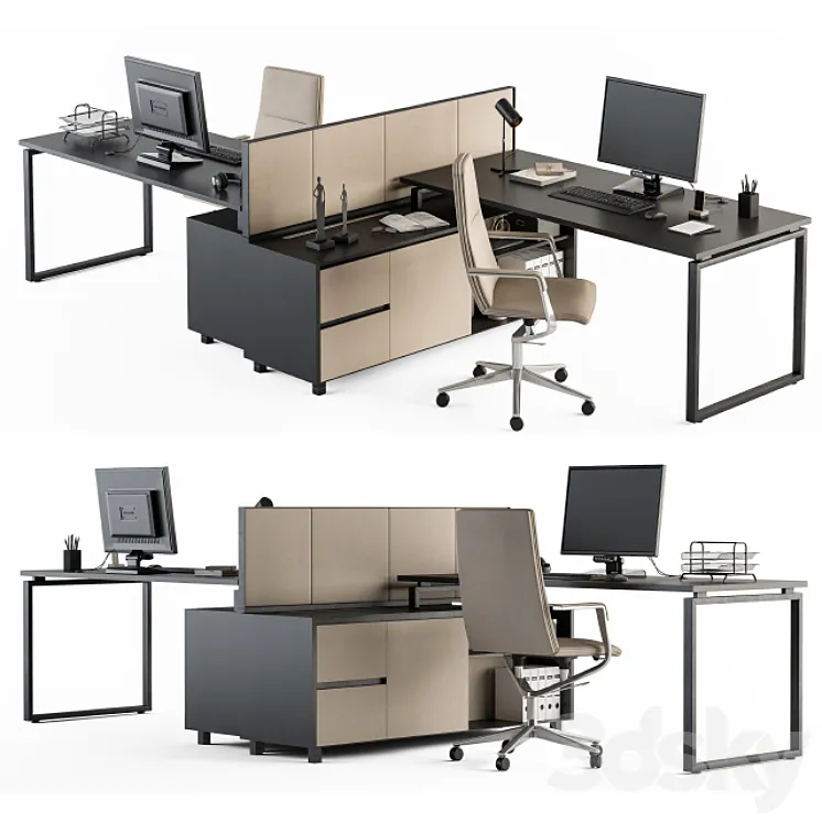 Office Furniture – employee Set Cream and Black 38 3D Model Free Download