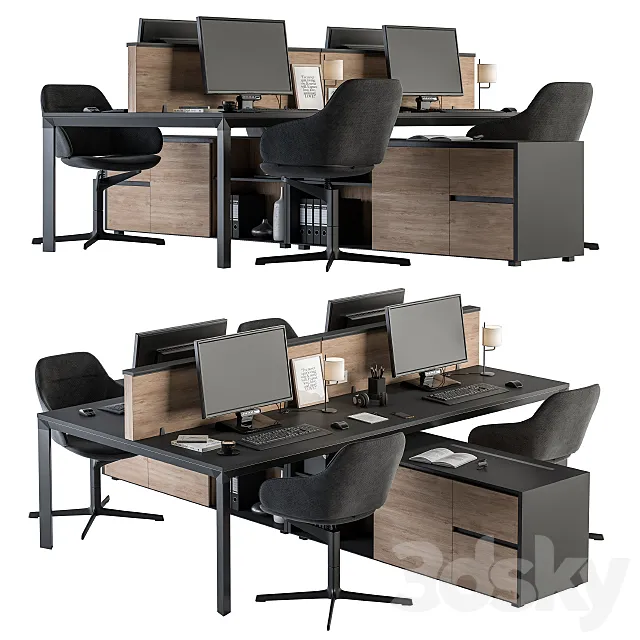 Office Furniture – employee Set Wood and Black 37 3D Model