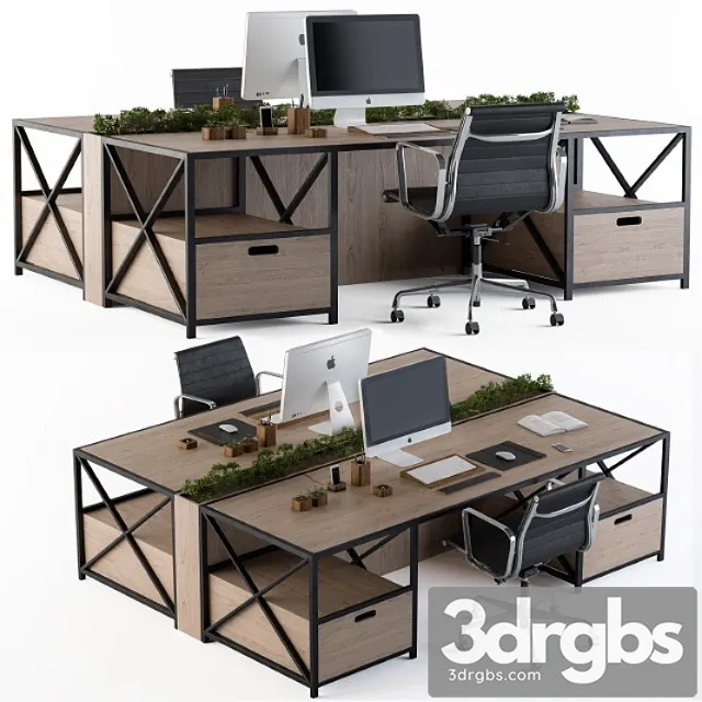 Office furniture wood and black set 2 3D Model Download