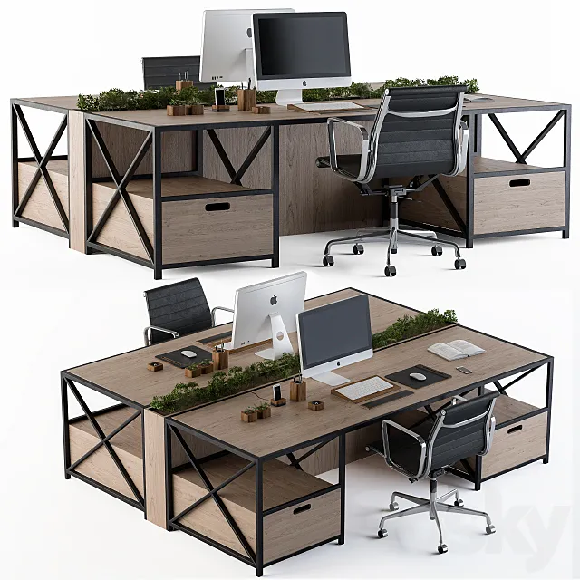 Office Furniture Wood and black set 3D Model