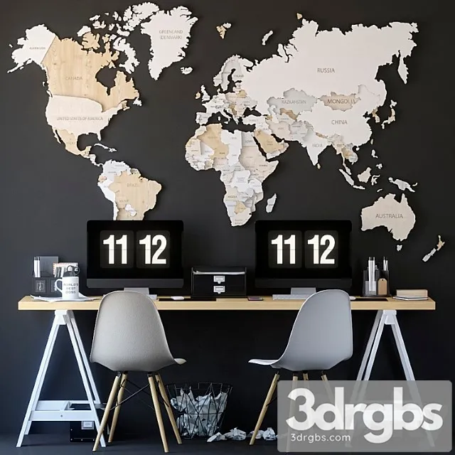Office Set With A Map 3D Model Download