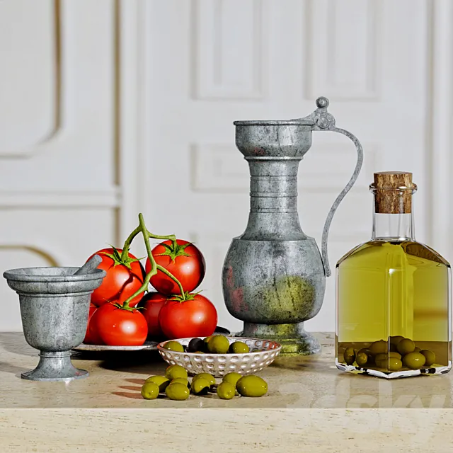 Olive and oil decorative set 3D Model