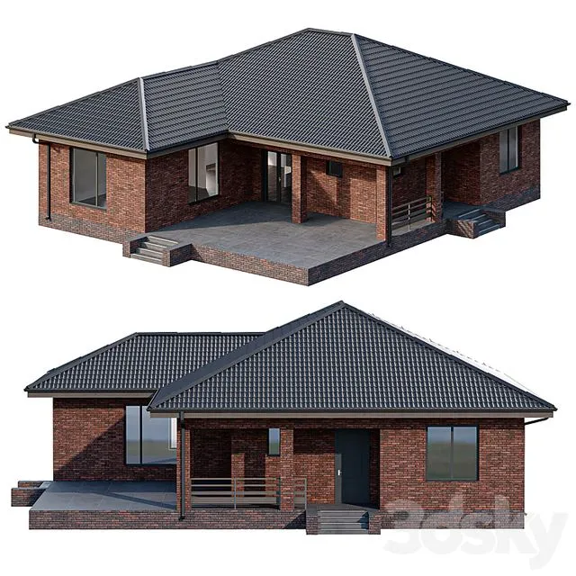 One Story Brick House with a Terrace 3D Model