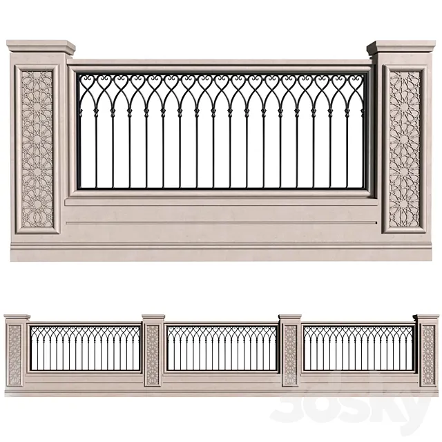 Oriental style fence with wrought iron railing. Fence in oriental style 3D Model Oriental style fence with wrought iron railing. Fence in oriental style 3D Model