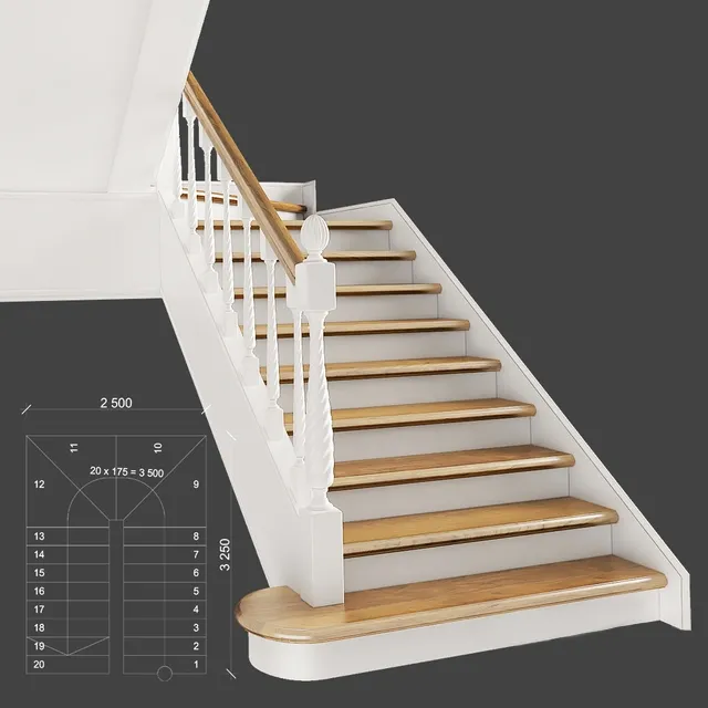 other-models – Classic two-march staircase with staggered steps 3D Model