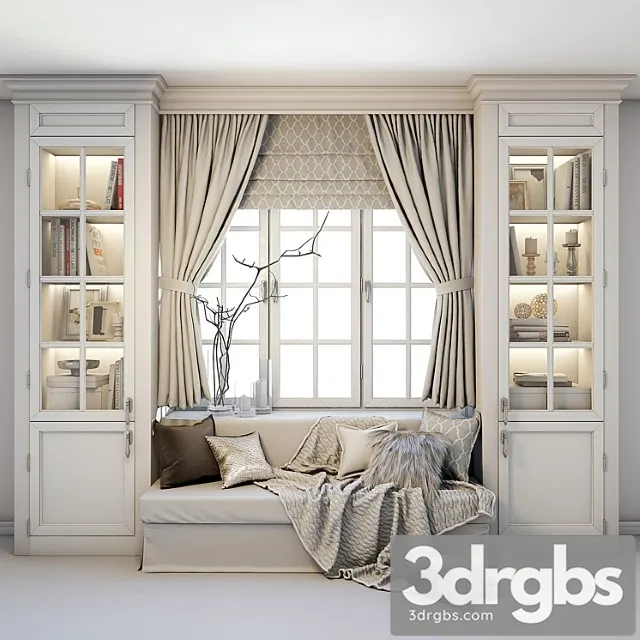 Other Soft area at the window – a sofa with pillows blankets curtains cabinets and decor. 2 3D Model Download