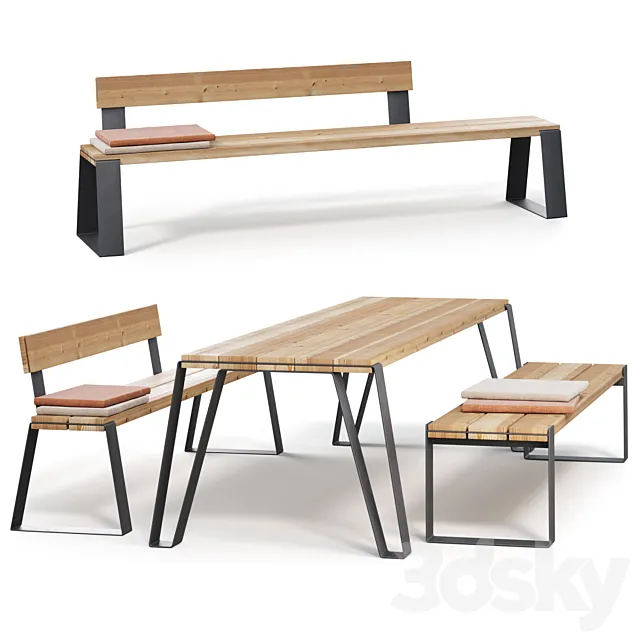 Outdoor furniture VONK table and benches 3D Model Outdoor furniture VONK table and benches 3D Model