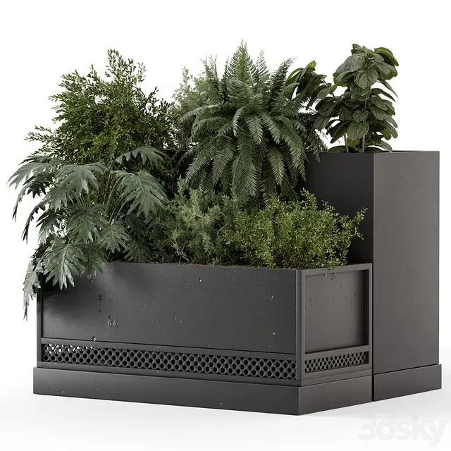 Outdoor Plant Box in rusty Concrete Pot on Metal Shelf – Set 1453 3D Model