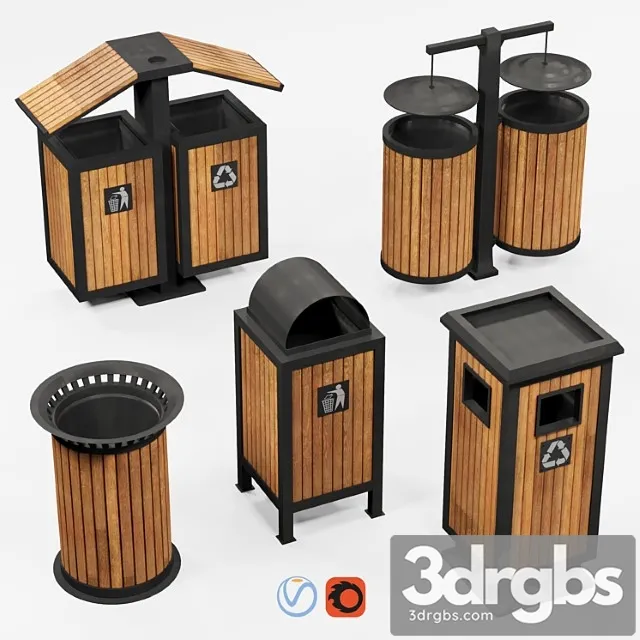 Outdoor Wooden Trash Bins 3D Model Download