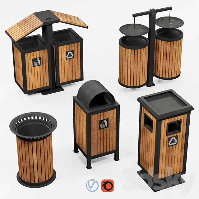 Outdoor wooden trash bins 3D Model Outdoor wooden trash bins 3D Model