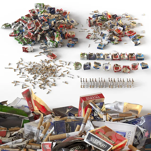 Packs of cigarettes and cigarette butts 3D Model Packs of cigarettes and cigarette butts 3D Model