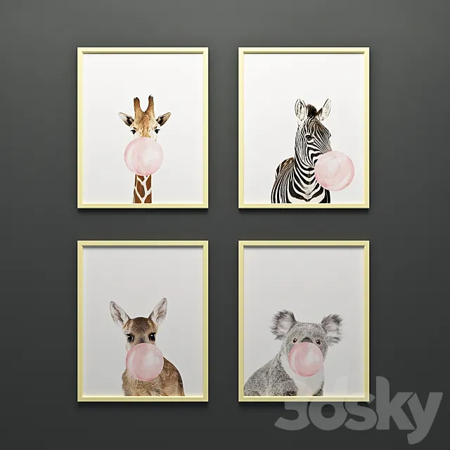 Paintings with funny animals 3D Model Paintings with funny animals 3D Model