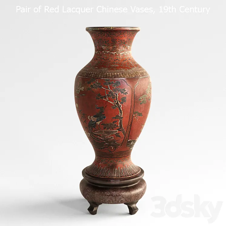 Pair of Red Lacquer Chinese Vases 3D Model Free Download