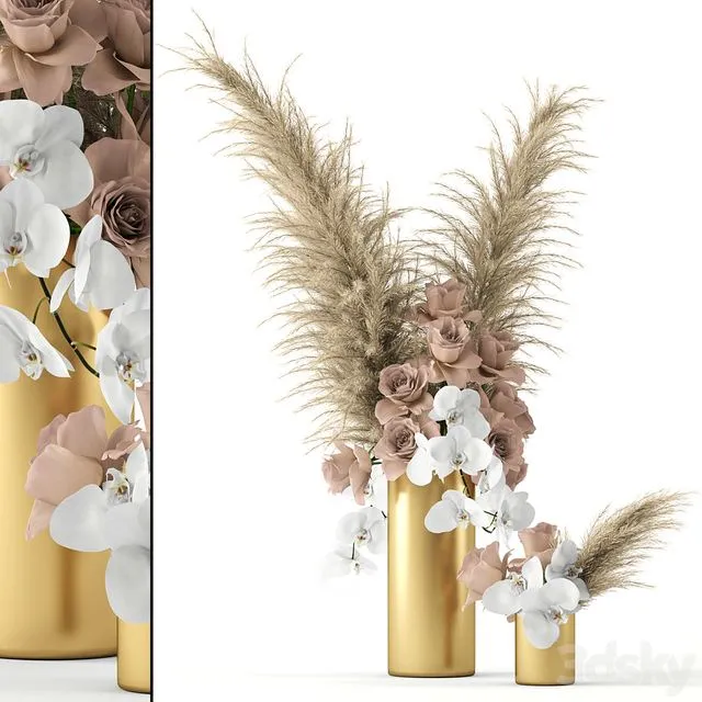 Pale roses and Co in brass vases 3D Model