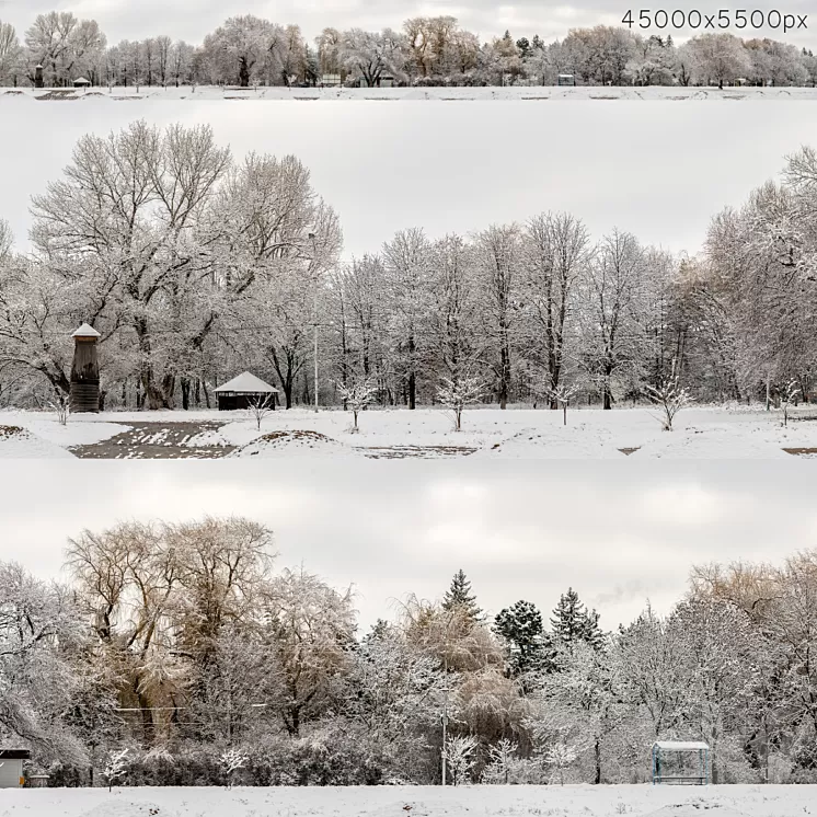 Panorama of the park and snow-covered trees. 45k 3D Model Free Download