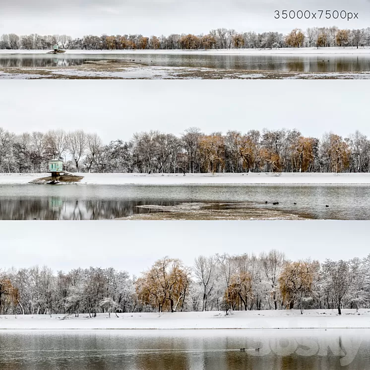 Panorama of the park with a lake and snow-covered trees. 35k 3D Model Panorama of the park with a lake and snow-covered trees. 35k 3D Model